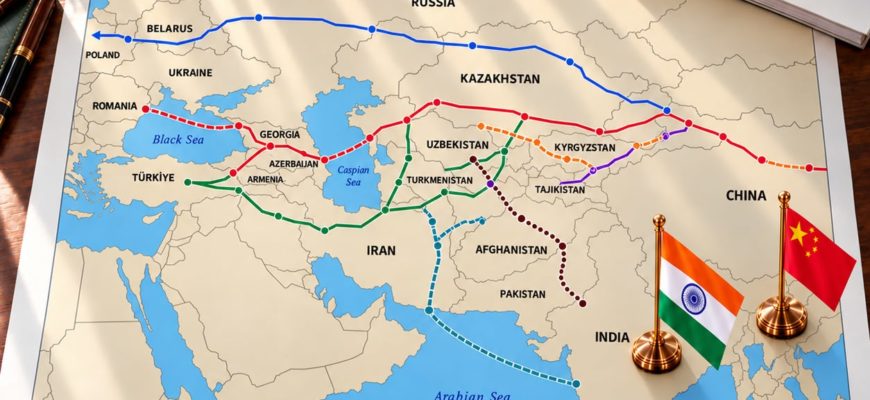 Схема Среднего коридора и маршрутов через Иран на карте Центральной Азии, рядом флаги Индии, Китая и пяти стран региона